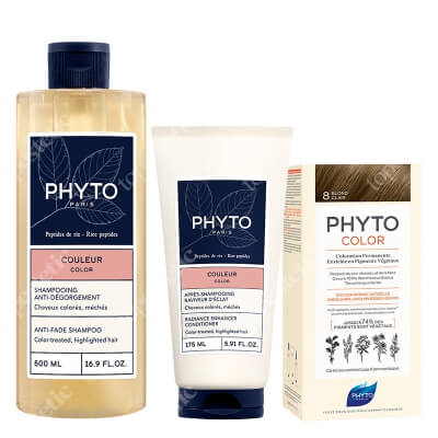 Phyto PhytoColor ZESTAW Farba do włosów - jasny blond (8 Blond Clair) 50+50+12 + Szampon chroniący kolor 500 ml + Odżywka wzmacniająca blask 175 ml