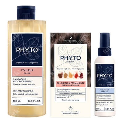 Phyto PhytoColor ZESTAW Farba do włosów - jasny kasztan (5 Chatain Clair) 50+50+12 + Szampon chroniący kolor 500 ml + Mleczko ułatwiające rozczesywanie 150 ml