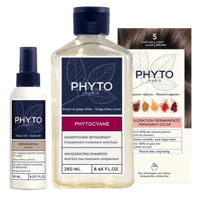Phyto Phytocolor ZESTAW Farba do włosów - jasny kasztan (kolor 5 Chatain Clair) 1 szt + Rewitalizujący szampon dla kobiet 250 ml + Spray termoochronny 150 ml