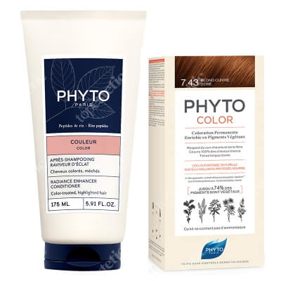 Phyto PhytoColor ZESTAW Farba do włosów - miedziany złoty (7.43 Blond Cuivre Dore) 50+50+12 + Odżywka wzmacniająca blask 175 ml