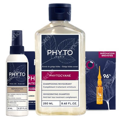 Phyto Phytocyane + Heat Protection Spray ZESTAW Kuracja przeciw okresowemu wypadaniu włosów dla kobiet 12x 5 ml + Szampon 250 ml + Spray termoochronny 150 ml