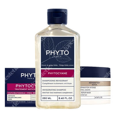 Phyto Phytocyane + Intensive Repair ZESTAW Kuracja przeciw okresowemu wypadaniu włosów dla kobiet 12x 5 ml + Rewitalizujący szampon dla kobiet 250 ml + Odbudowująca maska do włos