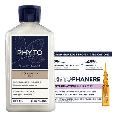 Phyto Phytophanere + Repairing Shampoo ZESTAW Kuracja przeciw reakcyjnemu wypadaniu włosów ampułki 12x 5 ml + Szampon odbudowujący 250 ml