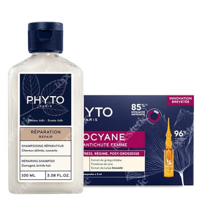Phyto Repairing Shampoo + Phytocyane Femme ZESTAW Szampon odbudowujący 100 ml + Kuracja przeciw okresowemu wypadaniu włosów dla kobiet 12x 5 ml