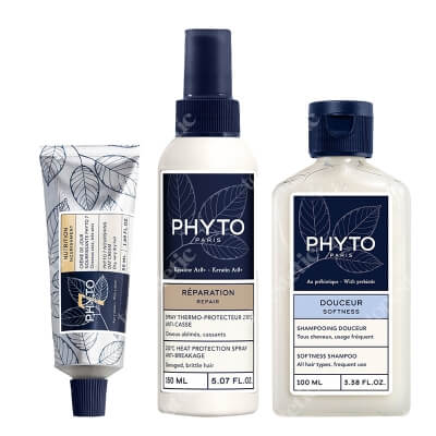 Phyto Softness + Nutrition ZESTAW Delikatny szampon 100 ml + Krem nawilżający do włosów 50 ml + Spray termoochronny 150 ml
