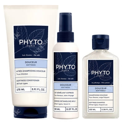 Phyto Softness Set ZESTAW Delikatny szampon 100 ml + Odżywka do włosów ułatwiająca rozczesywanie 175 ml + Mleczko ułatwiające rozczesywanie 150 ml