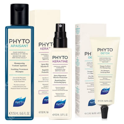 Phyto Total Hair Care ZESTAW Maska przed szamponem 125 ml + Kojący szampon odżywczy 250 ml + Termoochronny spray odbudowujący 150 ml