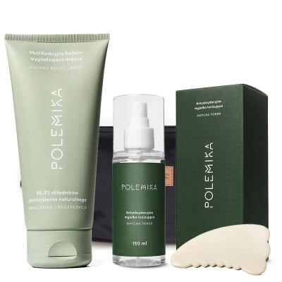 Polemika Matcha Body Care ZESTAW Mgiełka 150 ml + Gua sha do masażu ciała 1 szt + Balsam 200 ml + Kosmetyczka 1 szt