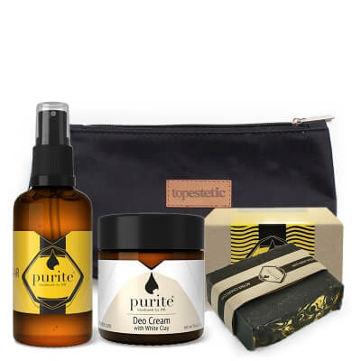 Purite Body and Hair Wash Set ZESTAW Mydło w kostce - Węgiel aktywny 100 g + Szampon w kostce 130g + Preparat zakwaszający 100 ml + Dezodorant 60 ml + Kosmetyczka 1 szt