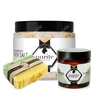 Purite Calendula Soap + Body Butter Lime + Bath Salt Tandarsin and Calendula ZESTAW Mydło - Nagietek z rozmarynem 100 g + Masło do ciała - Limonka 120 ml + Sól do kąpieli - Nagietek i Mandarynka 650 g