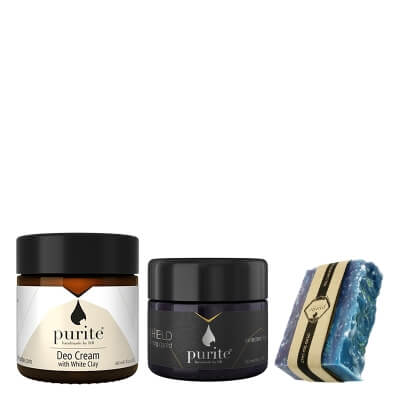 Purite Dead Sea Salt Soap + Cream Deodorant + Selected Day Shield Cream ZESTAW Mydło w kostce - Sól z Morza Martwego 100 g + Dezodorant w kremie z białą glinką francuską 60 ml + Krem na dzień 50 ml