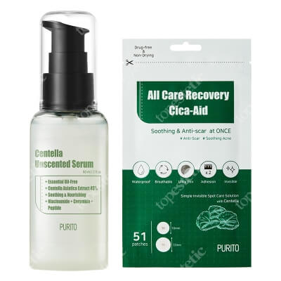 Purito All Care Recovery Cica - Aid + Centella Unscented Serum ZESTAW Plastry do stosowania punktowo 51 szt + Bezzapachowe serum 60 ml