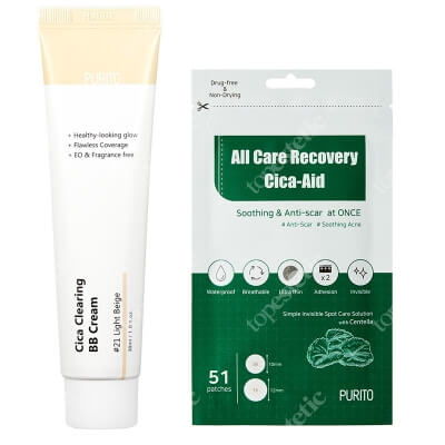 Purito All Care Recovery Cica - Aid + Cica Clearing BB Cream ZESTAW Plastry do stosowania punktowo 51 szt + Krem BB (21 Light Beige) 30 ml