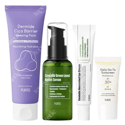 Purito Bestseller Set ZESTAW Serum 60 ml + Krem z filtrem przeciwsłonecznym SPF50 15 ml + Krem pod oczy 30 ml + Krem na noc 80 ml