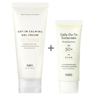 Purito Calming Gel Cream + Sunscreen Cream SPF50 ZESTAW Krem z pantenolem 100 ml + Krem z filtrem przeciwsłonecznym SPF50 60 ml