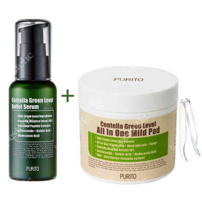 Purito Centella Green Level All In One Mild Pad + Centella Green Level Buffet Serum ZESTAW Oczyszczające waciki 70 szt. + Odżywcze serum do twarzy 60 ml