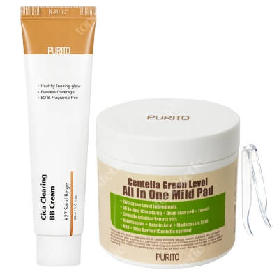 Purito Centella Green Level All In One Mild Pad + Cica Clearing BB Cream ZESTAW Oczyszczające waciki z wyciągiem Wąkrotki Azjatyckiej 70 szt. + Krem BB (27 Sand Beige) 30 ml