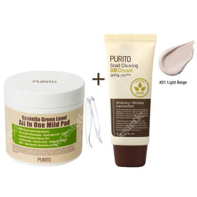 Purito Centella Green Level All In One Mild Pad + Snail Clearing BB Cream Light Beige ZESTAW Oczyszczające waciki z wyciągiem Wąkrotki Azjatyckiej 70 szt. + Krem BB z wyciągiem ze śluzu ślimaka (odcień 21 Jasny beż) 30 ml