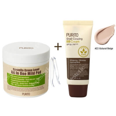 Purito Centella Green Level All In One Mild Pad + Snail Clearing BB Cream Natural Beige ZESTAW Oczyszczające waciki z wyciągiem Wąkrotki Azjatyckiej 70 szt. + Krem BB z wyciągiem ze śluzu ślimaka (odcień 23 Naturalny beż) 30 ml