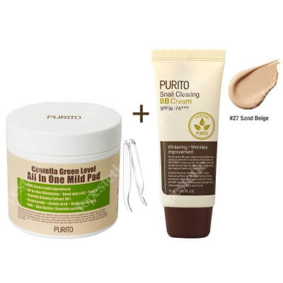 Purito Centella Green Level All In One Mild Pad + Snail Clearing BB Cream Sand Beige ZESTAW Oczyszczające waciki z wyciągiem Wąkrotki Azjatyckiej 70 szt. + Krem BB z wyciągiem ze śluzu ślimaka (odcień 27 Piaskowy beż) 30 ml