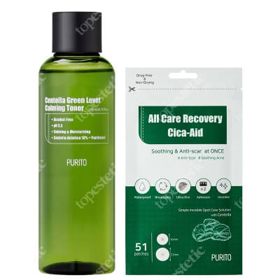 Purito Centella Green Level Calming Toner + All Care Recovery Cica - Aid ZESTAW Toner wygładzający 200 ml + Plastry do stosowania punktowo 51 szt