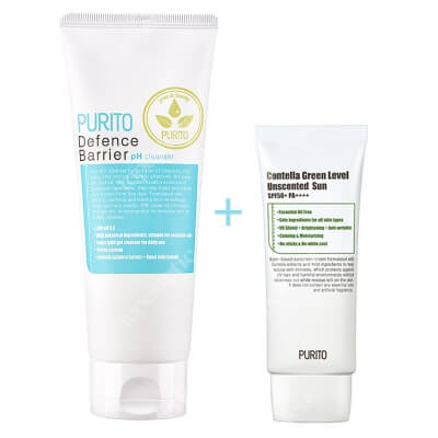 Purito Centella Green Level Uscented Sun SPF 50 + PA ++++ + Defence Barrier PH Cleanser ZESTAW Bezzapachowy krem przeciwsłoneczny 60 ml + Żel oczyszczający o działaniu ochronnym 150 ml