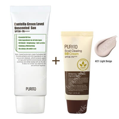 Purito Centella Green Sun SPF 50 + PA ++++ & Snail Clearing BB Cream ZESTAW Krem przeciwsłoneczny 60 ml + Krem BB (21 Jasny beż) 30 ml