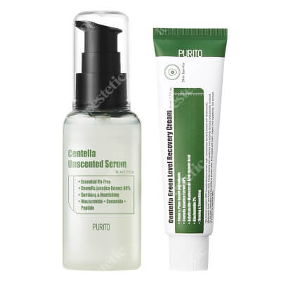 Purito Centella Unscented Serum + Centella Green Level Recovery Cream ZESTAW Bezzapachowe serum na bazie wyciągu z wąkroty azjatyckiej 60 ml + Regenerujący krem z Wąkrotki Azjatyckiej 50 ml