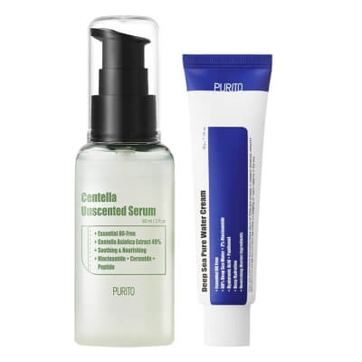 Purito Centella Unscented Serum + Deep Sea Pure Water Cream ZESTAW Bezzapachowe serum na bazie wyciągu z wąkroty azjatyckiej 60 ml + Nawilżający krem na bazie wody morskiej 50 ml