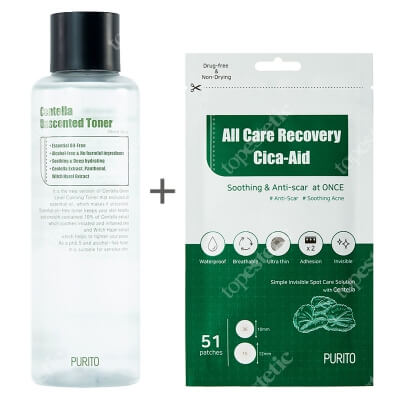 Purito Centella Toner + All Care Recovery Cica ZESTAW Bezzapachowy toner 200 ml + Plastry do stosowania punktowo na stany zapalne i do pielęgnacji blizn 51 szt