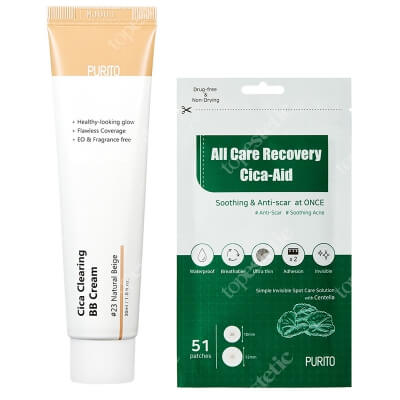 Purito Cica Clearing BB Cream + All Care Recovery Cica - Aid ZESTAW Krem BB cica (23 Natural Beige) 30 ml + Plastry do stosowania punktowo 51 szt