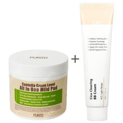 Purito Cica Clearing BB Cream + Centella Green Level All In One Mild Pad ZESTAW Krem BB cica ( odcien 21 Jasny beż ) 30 ml + Oczyszczające waciki z wyciągiem Wąkrotki Azjatyckiej 70 szt.