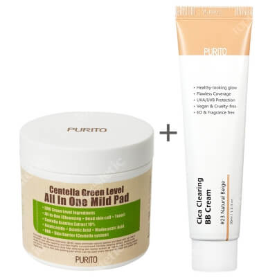 Purito Cica Clearing BB Cream + Centella Green Level All In One Mild Pad ZESTAW Krem BB cica ( odcien 23 Naturalny beż ) 30 ml + Oczyszczające waciki z wyciągiem Wąkrotki Azjatyckiej 70 szt.