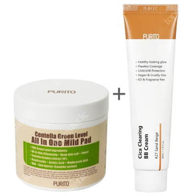 Purito Cica Clearing BB Cream + Centella Green Level All In One Mild Pad ZESTAW Krem BB cica ( odcien 27 Piaskowy beż ) 30 ml + Oczyszczające waciki z wyciągiem Wąkrotki Azjatyckiej 70 szt.