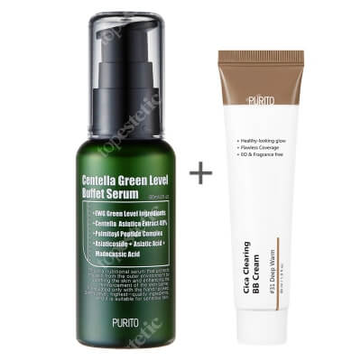 Purito Cica Clearing BB Cream + Centella Green Level Buffet Serum ZESTAW Krem BB (31 Deep Warm) 30 ml + Odżywcze serum do twarzy z 49% ekstraktem z Wąkrotki Azjatyckiej 60 ml