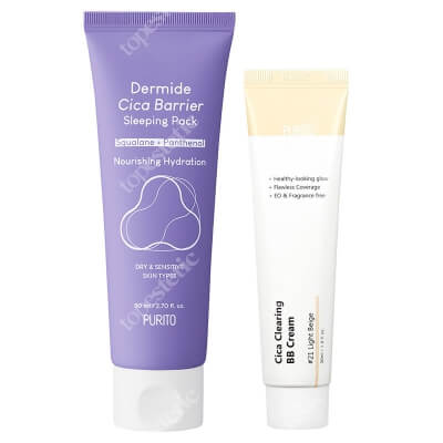 Purito Cica Clearing BB Cream + Dermide Cica Barrier Sleeping Pack  ZESTAW Krem BB (21 Light Beige) 30 ml + Krem na noc 80 ml