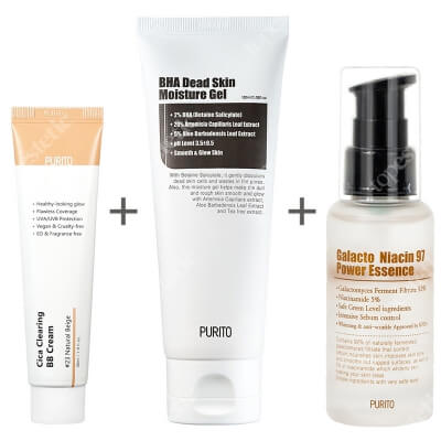 Purito Cica Clearing BB Cream + Galacto Niacin 97 Power Essence + BHA Dead Skin Moisture Gel ZESTAW Krem BB cica ( odcien 23 Naturalny beż ) 30 ml + Odżywcza esencja na bazie niacyny (wit b3) 60 ml + Nawilżający żel złuszczający 100 m
