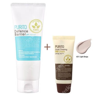 Purito Defence Barrier PH Cleanser + Snail Clearing BB Cream Light Beige ZESTAW Żel oczyszczający o działaniu ochronnym 150 ml + Krem BB z wyciągiem ze śluzu ślimaka (odcień 21 Jasny beż) 30 ml