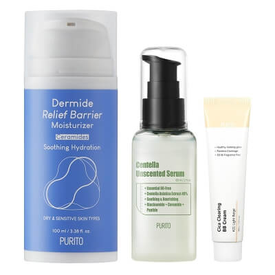 Purito Favorite Set ZESTAW Serum 60 ml + Odbudowujący krem z ceramidami 100 ml + Krem BB cica (21 Light Beige) 30ml
