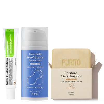Purito Fresh Start ZESTAW Odżywcza kostka do mycia 100 g + Krem pod oczy 30 ml + Odbudowujący krem z ceramidami 100 ml