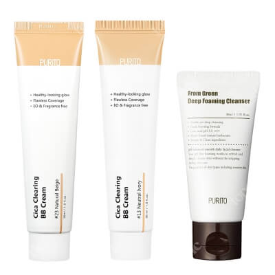 Purito Mix And Clean ZESTAW Krem BB cica (23 Natural Beige) 30 ml + Krem BB (13 Neutral Ivory) 30 ml + Dogłębnie oczyszczająca pianka myjąca 30 ml