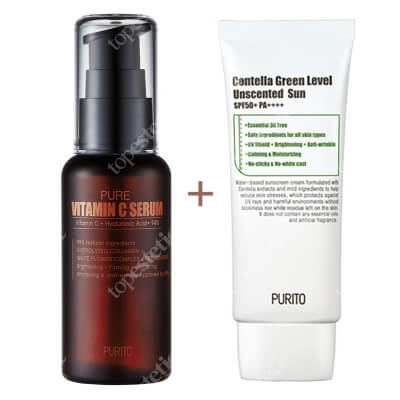 Purito Pure Vitamin C Serum + Centella Green Level Uscented Sun SPF 50 + PA ++++ ZESTAW Przeciwzmarszczkowe serum z witaminą C 60 ml + Bezzapachowy krem przeciwsłoneczny 60 ml