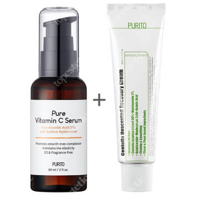 Purito Pure Vitamin C Serum + Centella Unscented Recovery Cream ZESTAW Serum z witaminą C 60 ml + Regenerujący krem na bazie wąkroty azjatyckiej (bezzapachowy) 50 ml