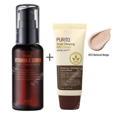 Purito Pure Vitamin C Serum + Snail Clearing BB Cream Natural Beige ZESTAW Przeciwzmarszczkowe serum z witaminą C 60 ml + Krem BB z wyciągiem ze śluzu ślimaka (odcień 23 Naturalny beż) 30 ml