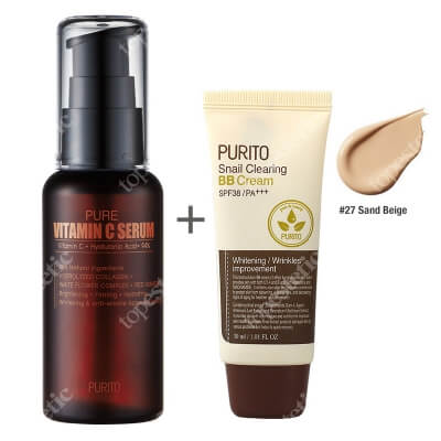 Purito Pure Vitamin C Serum + Snail Clearing BB Cream Sand Beige ZESTAW Przeciwzmarszczkowe serum z witaminą C 60 ml + Krem BB z wyciągiem ze śluzu ślimaka (odcień 27 Piaskowy beż) 30 ml