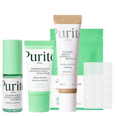 Purito Seoul Perfect Start ZESTAW Serum 15 ml + Krem przeciwsłoneczny 15 ml + Krem BB (kolor 23 Natural Beige) 30 ml + Plastry do stosowania punktowo 51 szt
