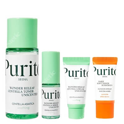 Purito Seoul Travel Set ZESTAW Toner 30 ml + Serum 15 ml + Krem SPF 50 15 ml + Krem 15 ml