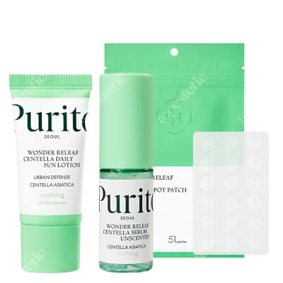Purito Seoul Wonder Releaf Centella Set ZESTAW Serum 15 ml + Krem przeciwsłoneczny SPF50+ 15 ml + Plastry do stosowania punktowo 51 szt