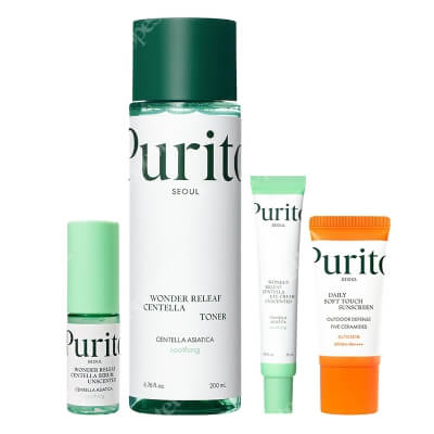 Purito Seoul Wonder Releaf Centella Set ZESTAW Toner wygładzający 200 ml + Krem do pielęgnacji okolicy oczu 30 ml + Serum 15 ml + Krem z filtrem SPF 50 15 ml