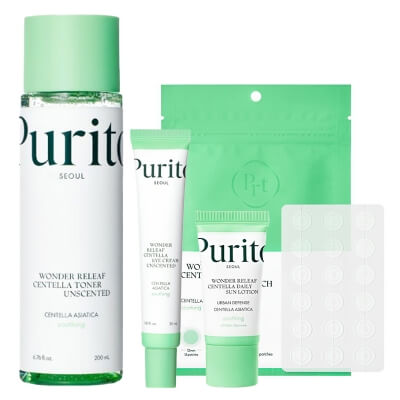 Purito Seoul Wonder Releaf Centella ZESTAW Toner 200 ml + Krem do pielęgnacji okolicy oczu 30 ml + Plastry punktowe 51 szt + Krem SPF 50 15 ml